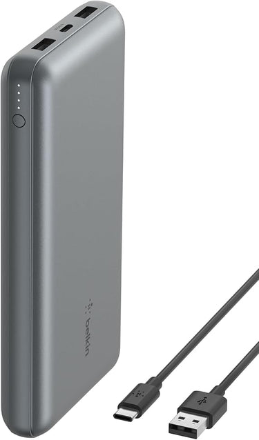 Belkin Cargador USB-C portátil de 20000mAH, batería Externa 20K con Puerto USB-C de Salida/Entrada, Power Bank con 2 Puertos USB-A y Cable USB-C a USB-A para iPhone, Galaxy, iPad - Gris Espacial